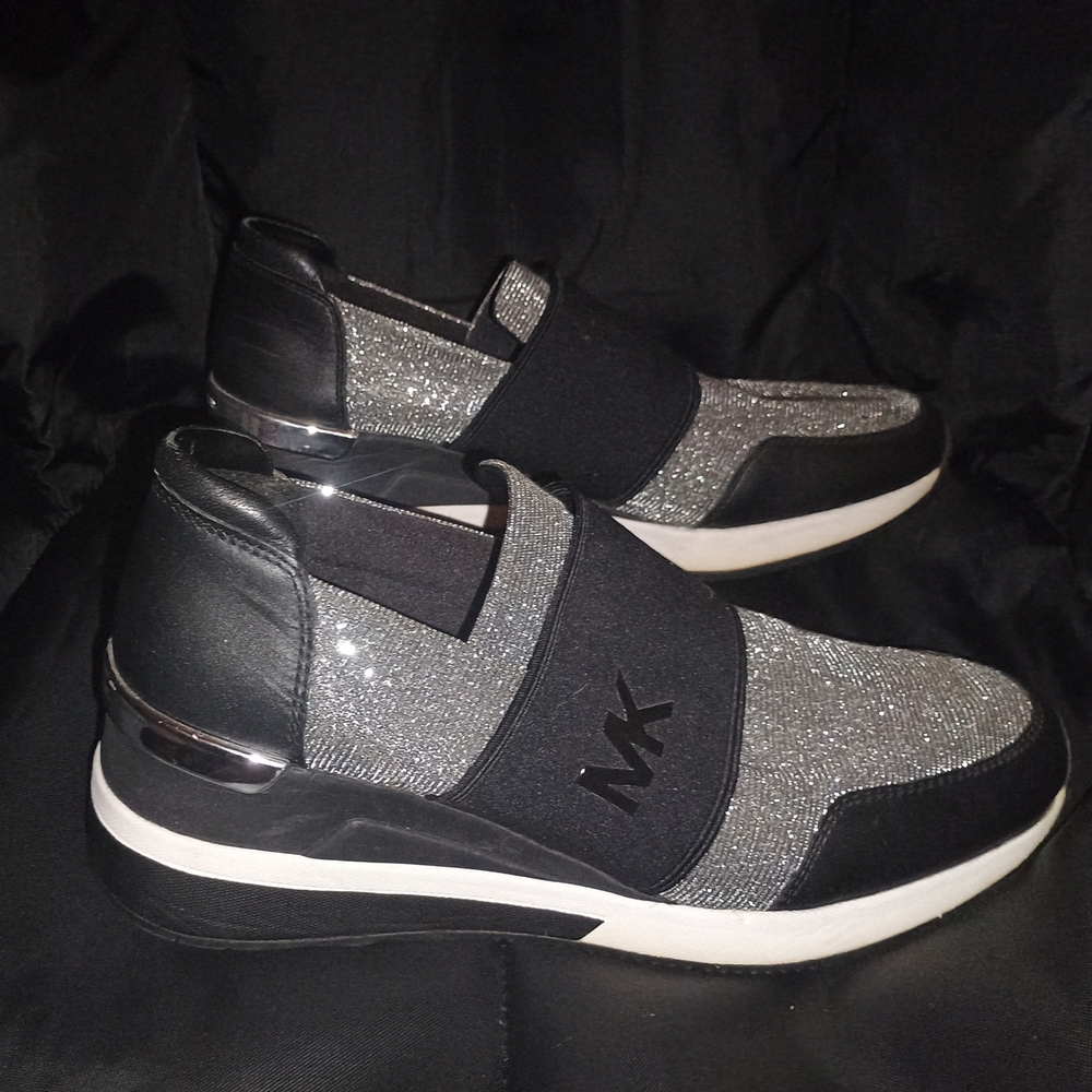Michael Kors Felix Trainer Glitter Mesh Black & Silver Slip On Sneakers Size 10